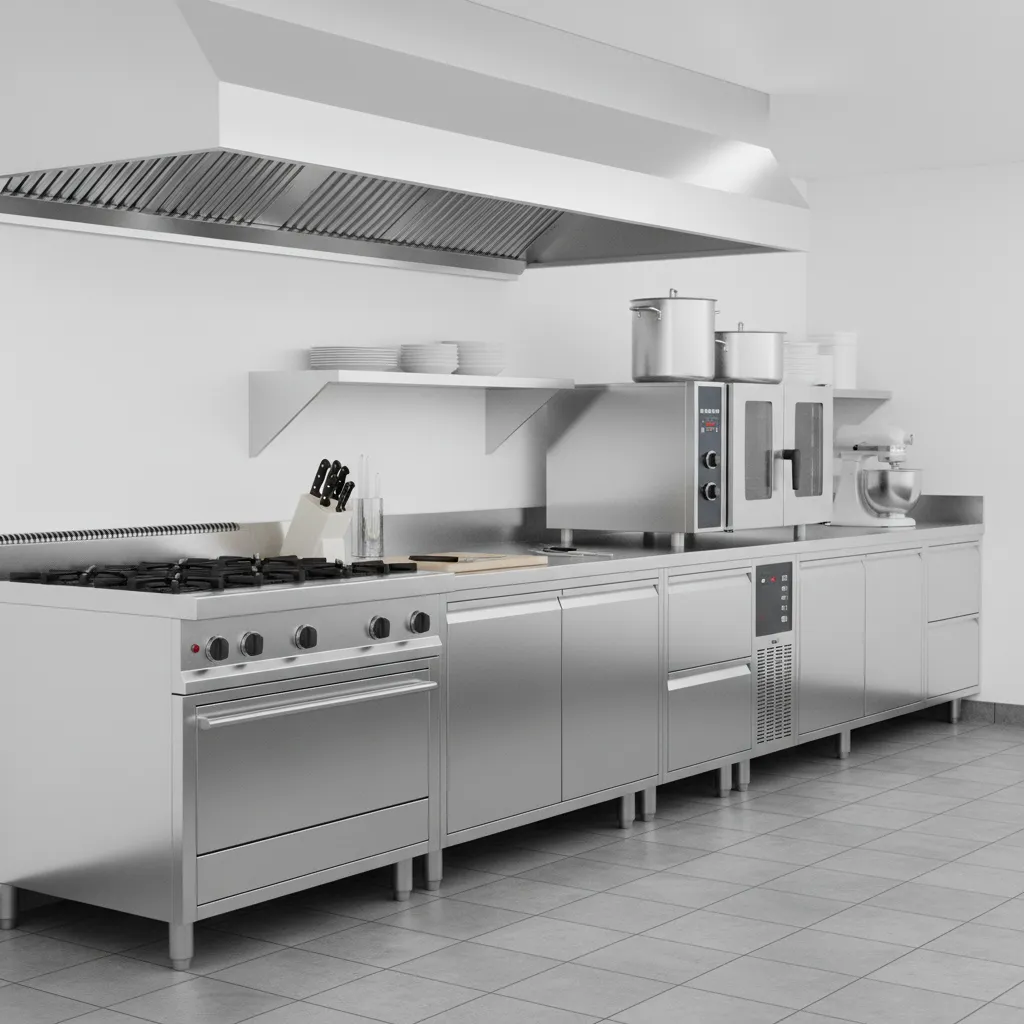 Commercial restaurant kitchen cabinets with stainless steel toe kick panels
