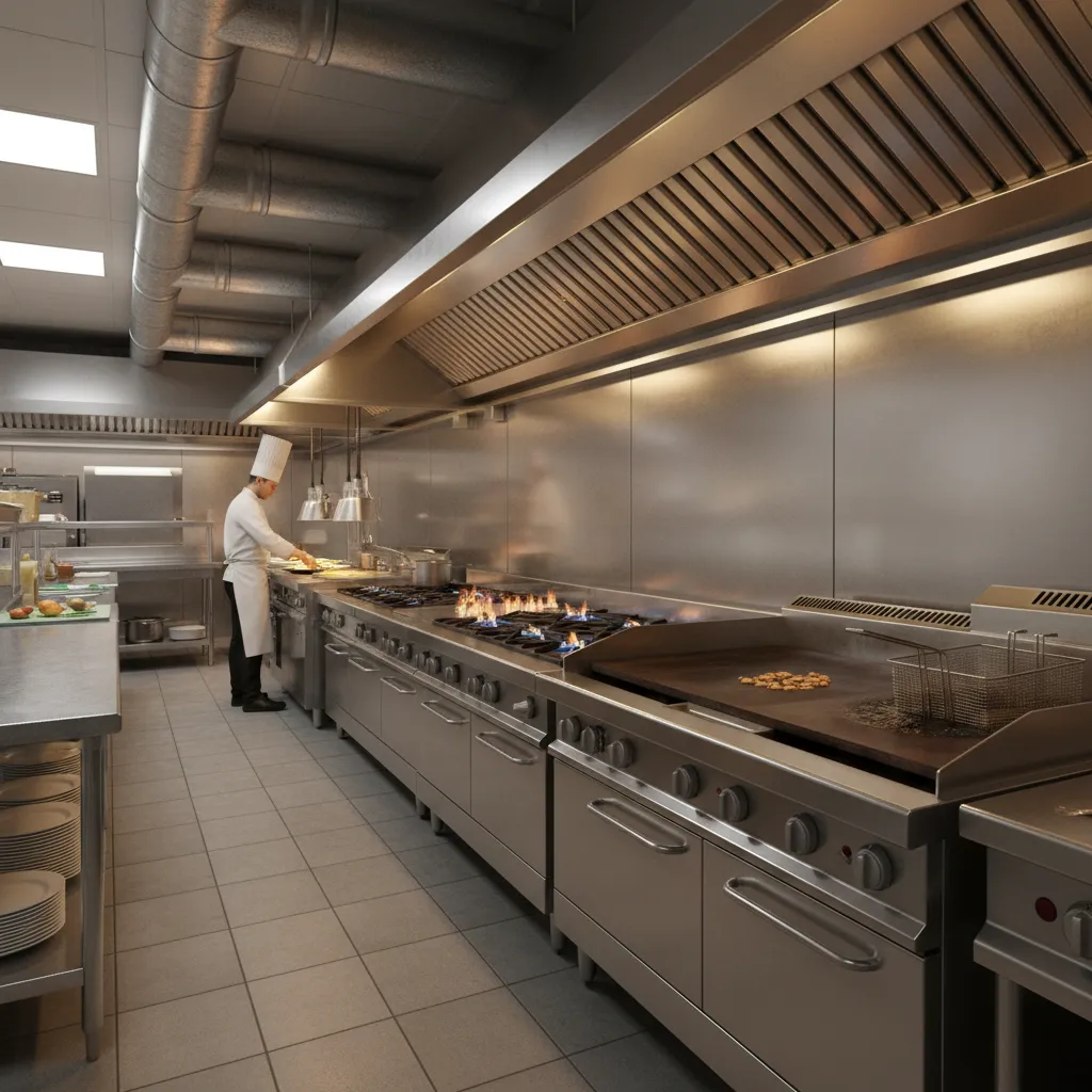 commercial cooking line with gas ranges fryer and ventilation hood