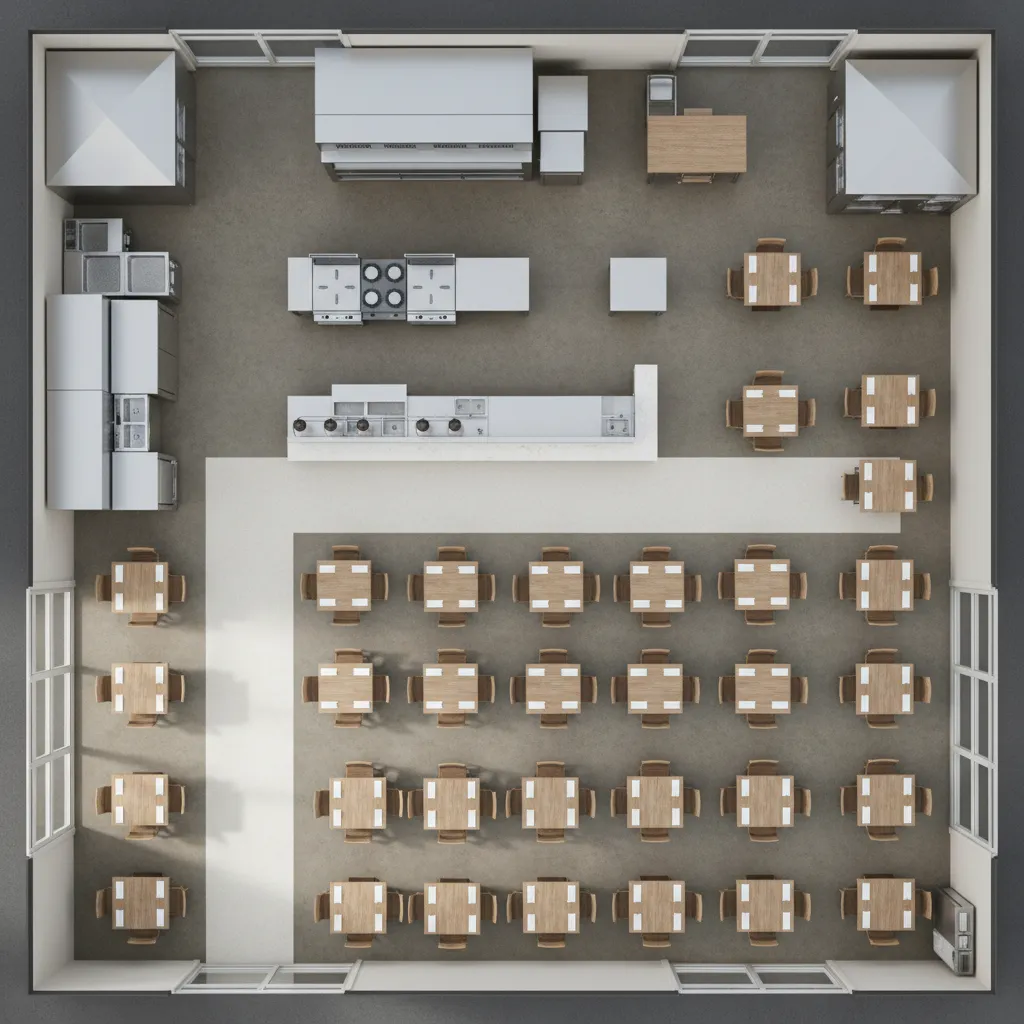 restaurant floor plan showing relationship between kitchen and dining area
