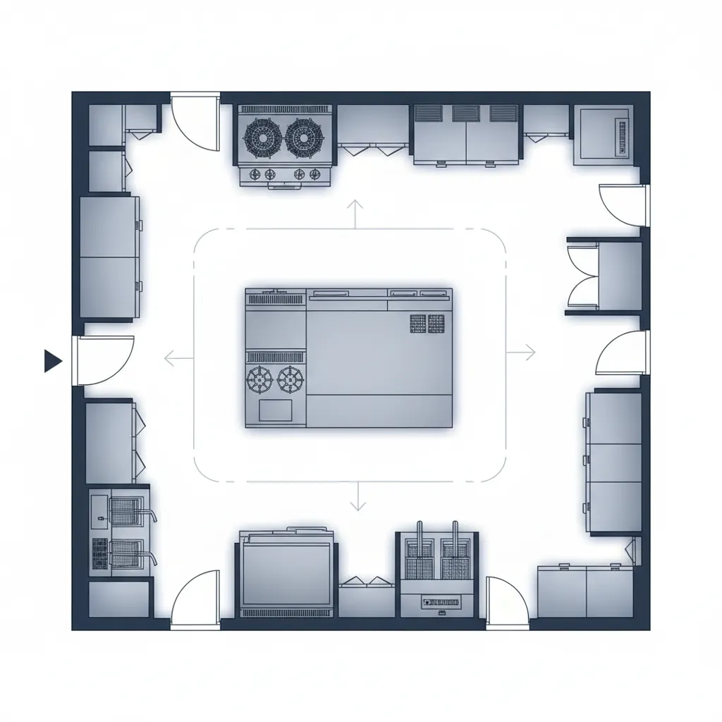 Restaurant kitchen layout diagram showing door swing clearance and walkway space