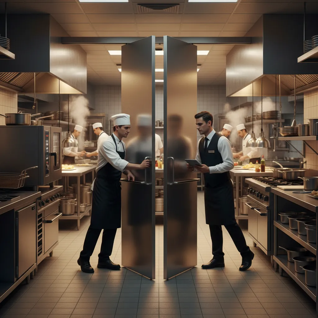 Restaurant staff moving through a kitchen swing door showing potential collision risk