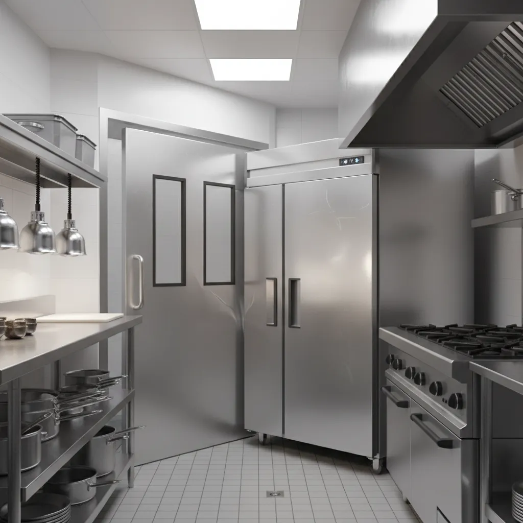 Commercial kitchen door hitting refrigerator due to poor clearance