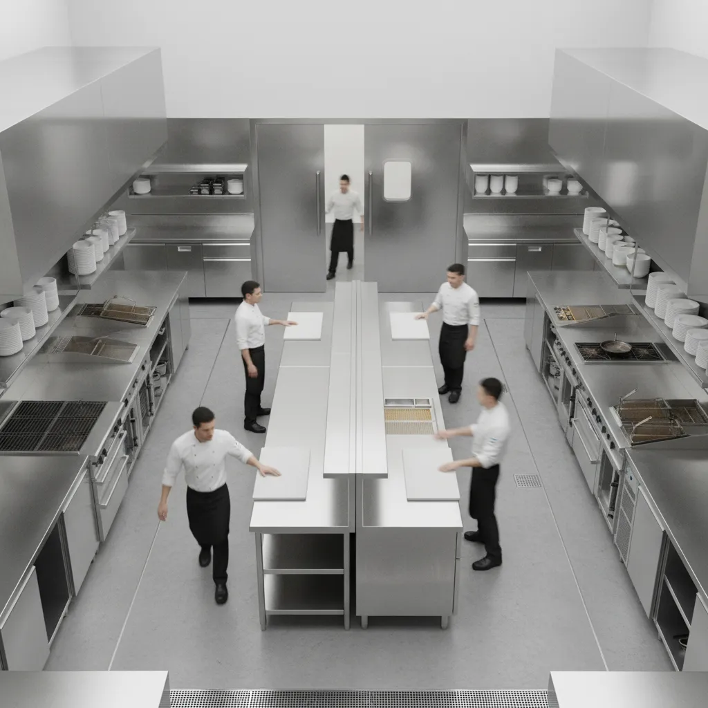 Restaurant kitchen layout showing staff traffic paths through swing doors