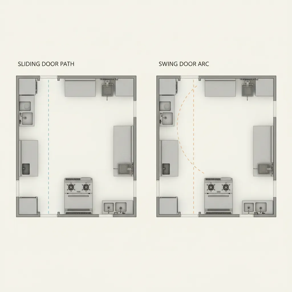 Diagram style visualization comparing sliding and swing door workflow in restaurant kitchen