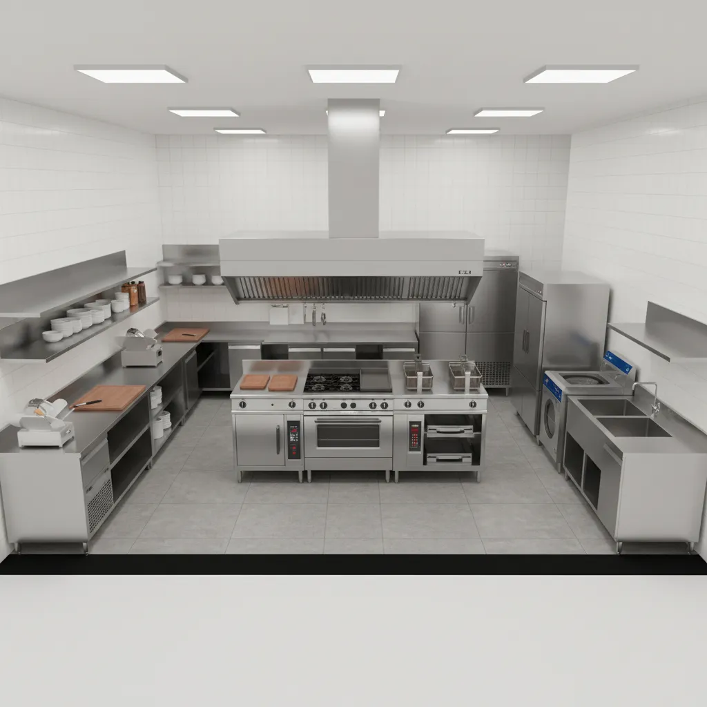 restaurant kitchen layout showing cooking, prep, and washing zones