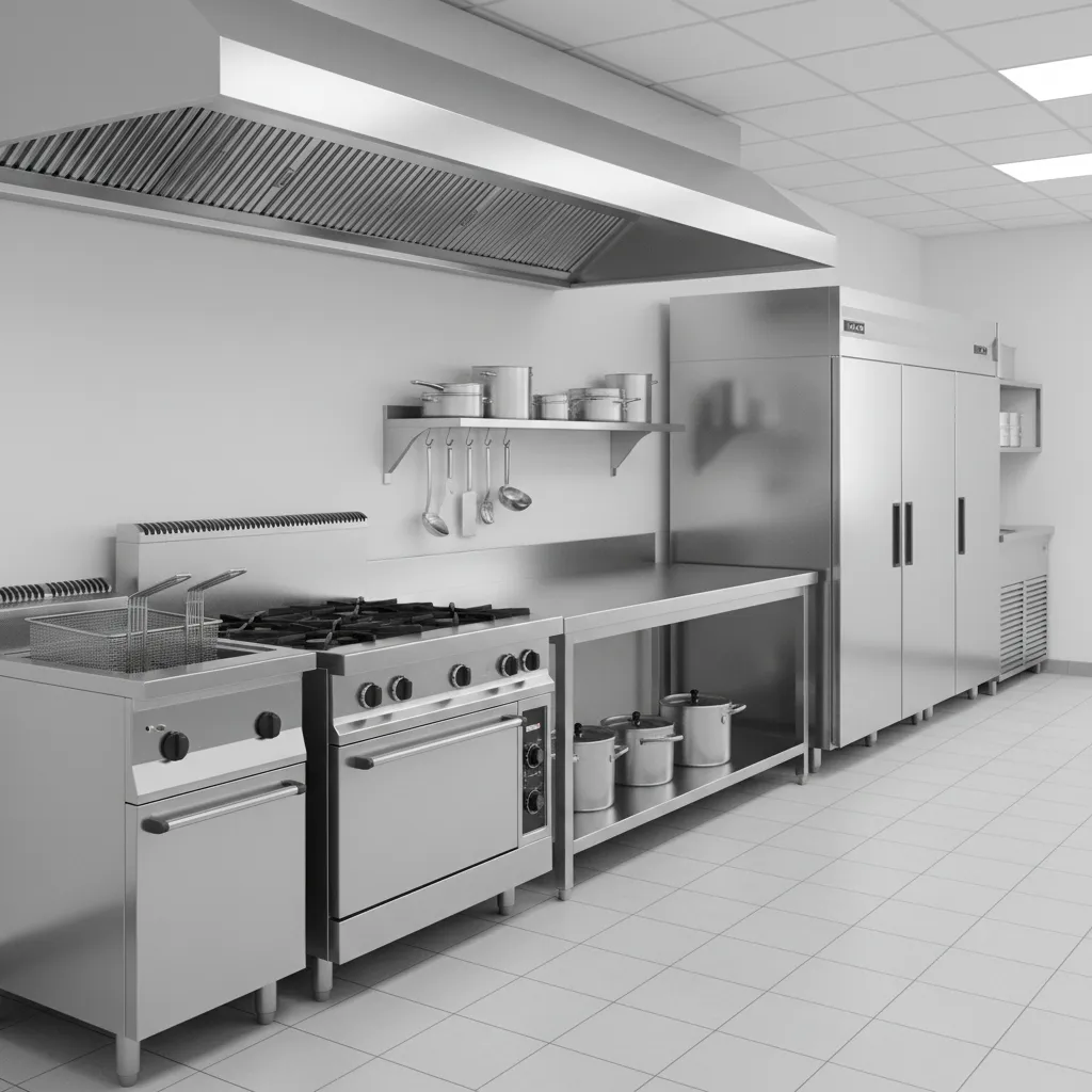 Restaurant kitchen equipment including fryer, gas range and prep tables