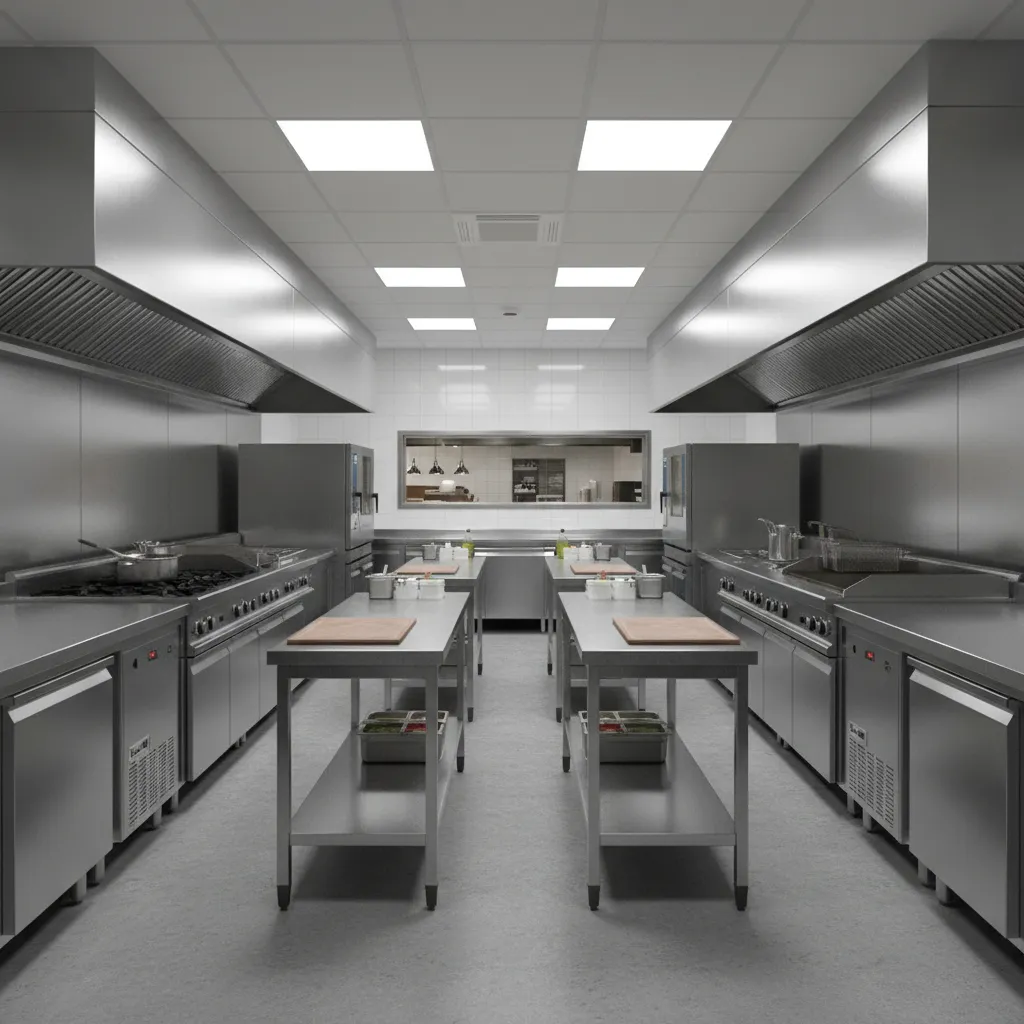 professional restaurant kitchen with cooking line refrigeration and prep stations