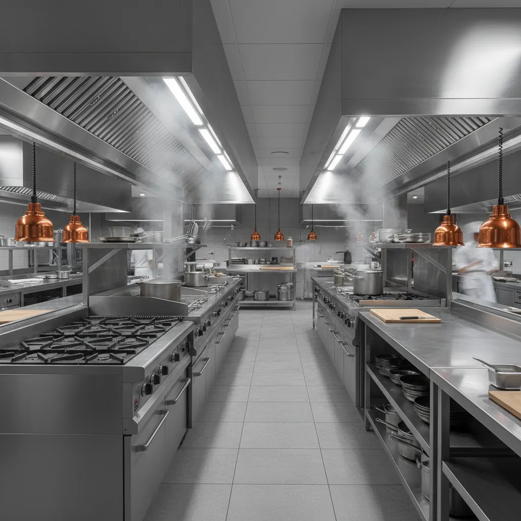 Commercial kitchen cookline with canopy exhaust hood capturing smoke