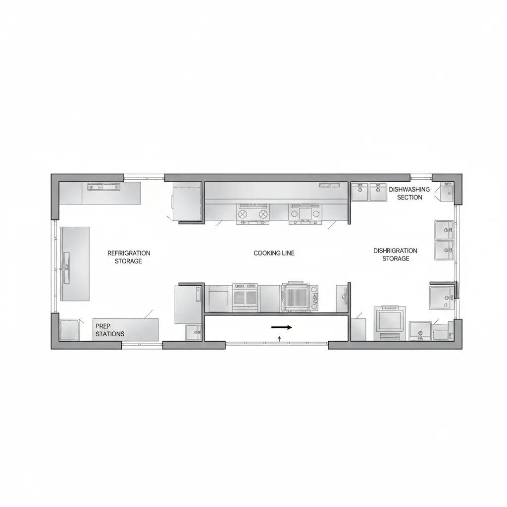 Restaurant kitchen floor plan layout with cooking and prep areas