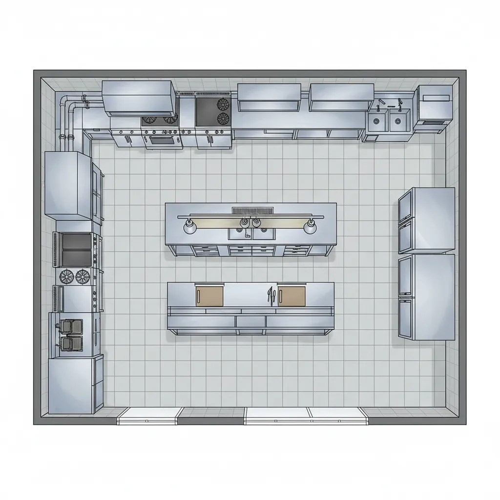 Restaurant kitchen floor plan with equipment placement