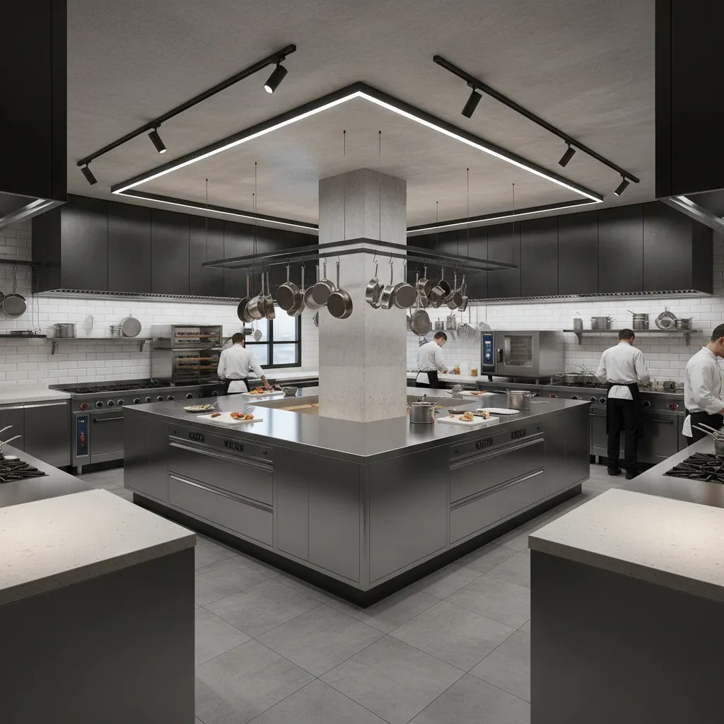 restaurant kitchen island built around structural column with stainless prep surfaces