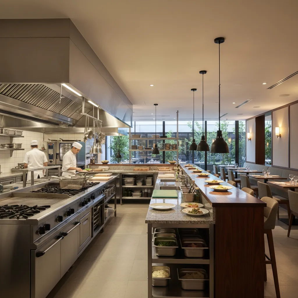 Distribución profesional de cocina de restaurante conectada con la sala