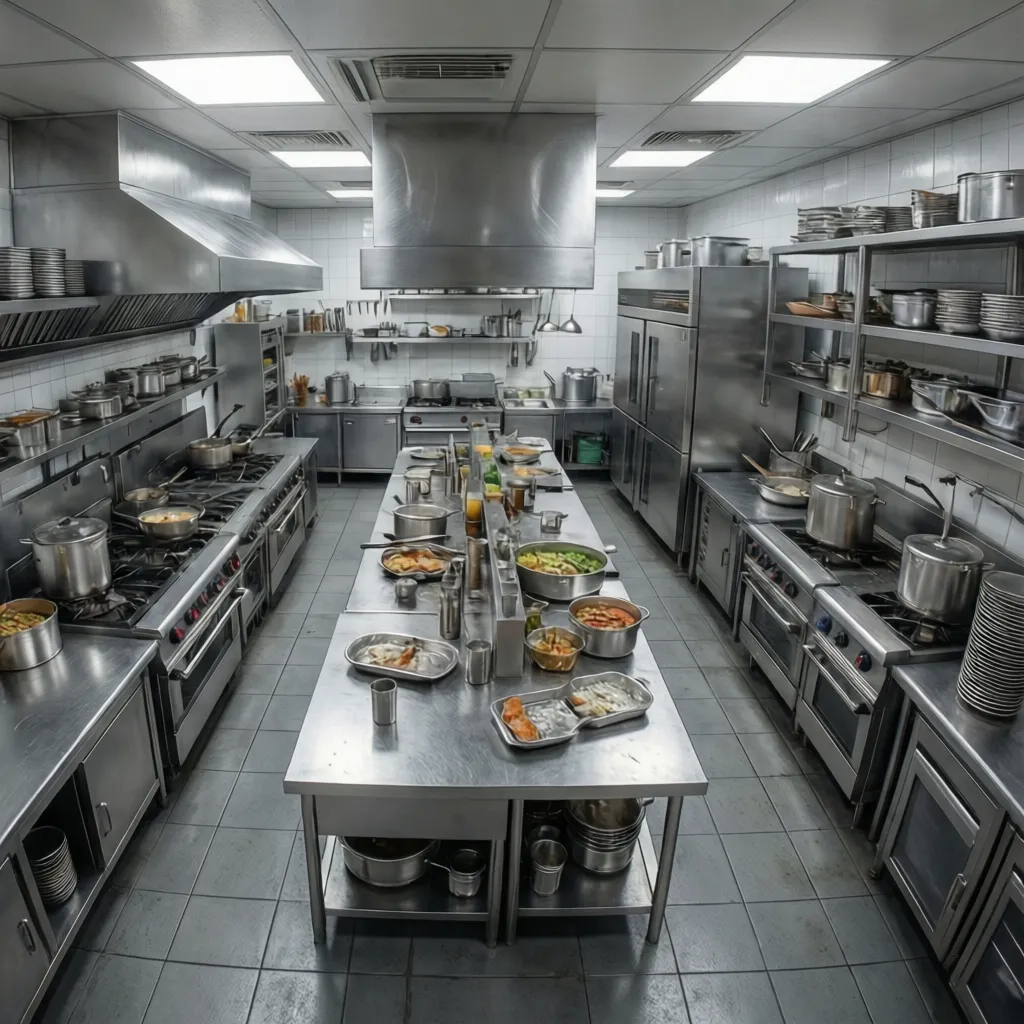 Professional kitchen with stainless steel counters stoves pots and many industrial food preparation cooking tools