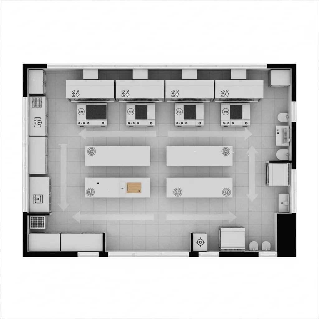 Professional restaurant kitchen layout with cooking stations and workflow zones