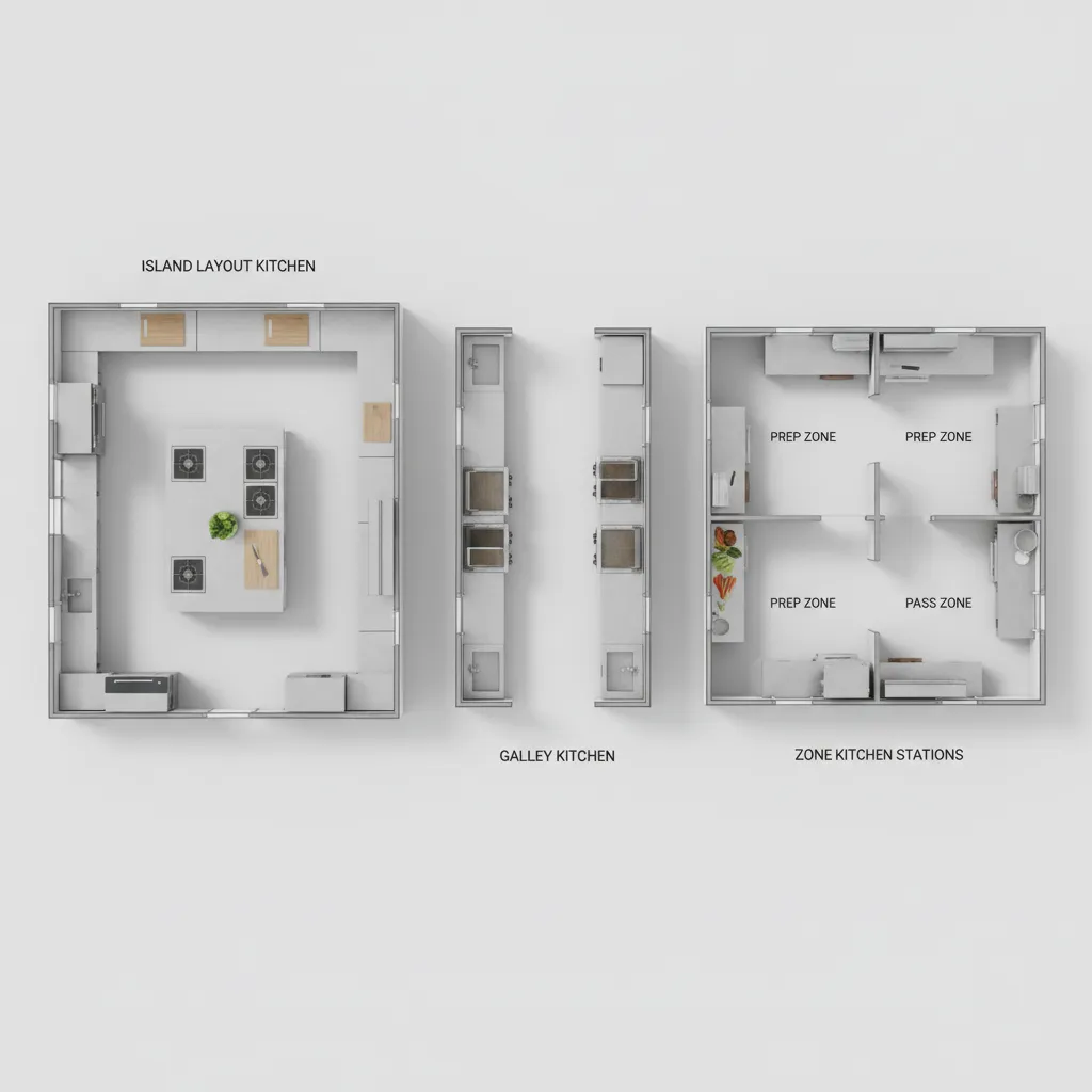 different restaurant kitchen layout types including island and galley
