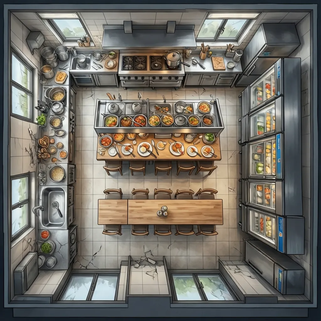 Restaurant kitchen layout diagram showing cooking, prep, and cleaning zones
