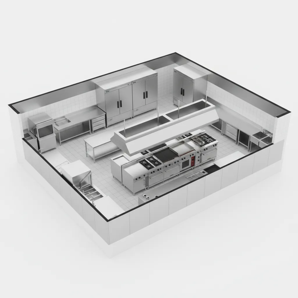 Commercial kitchen layout showing cooking, prep, and dishwashing zones