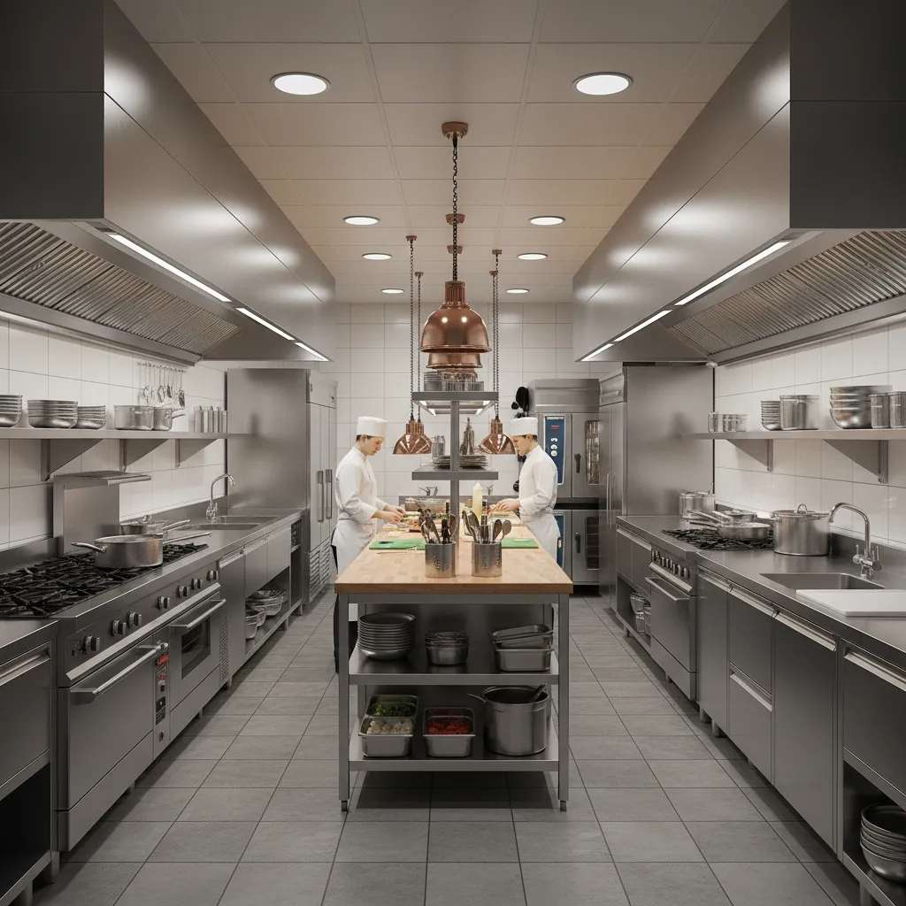 Professional kitchen lighting layout with LED strips and overhead lighting
