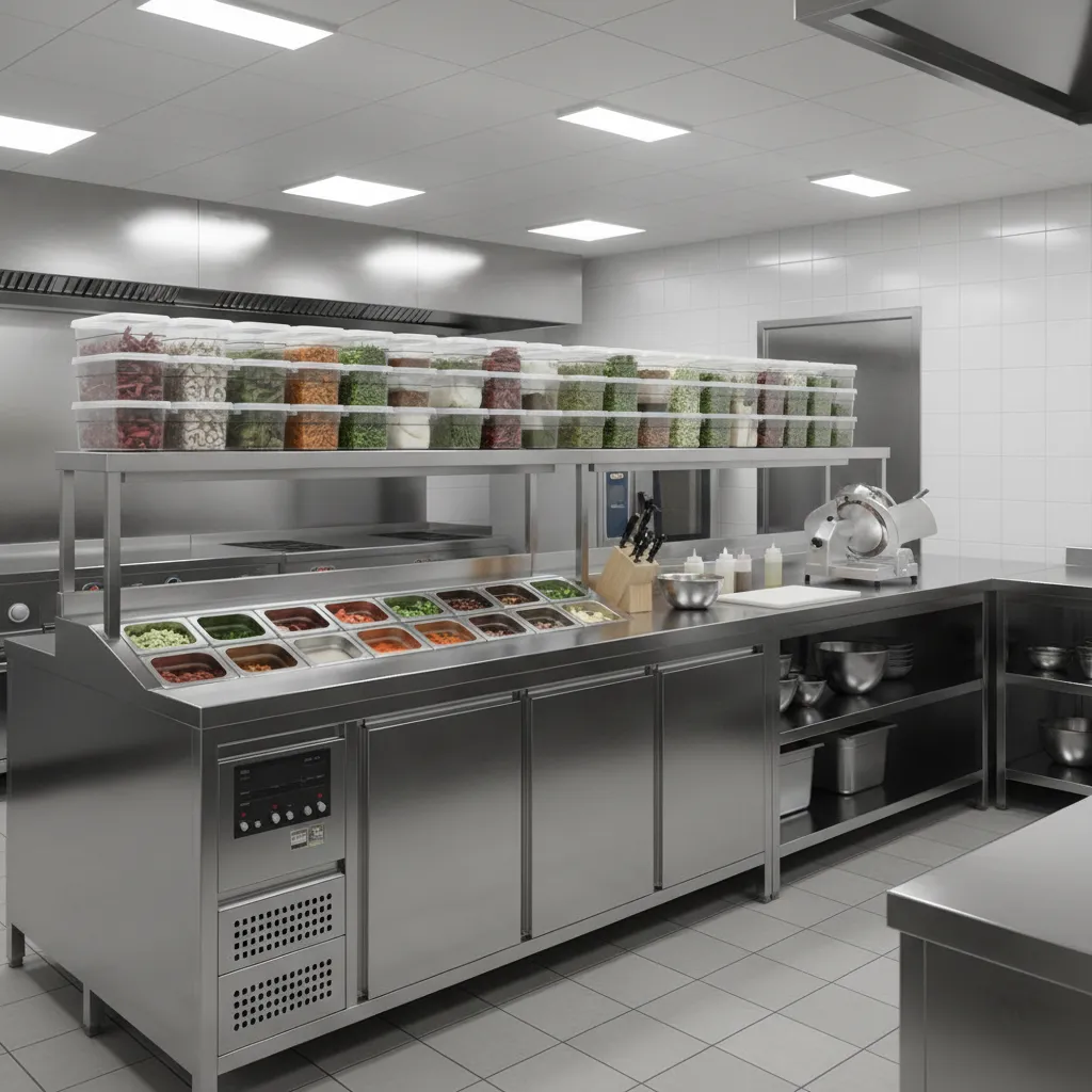 Stainless steel prep station in a commercial restaurant kitchen