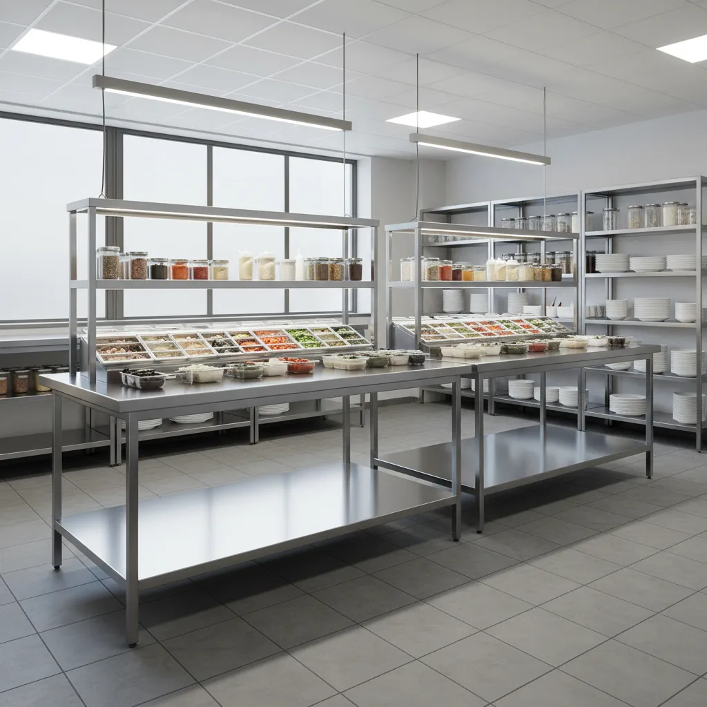 commercial kitchen prep station with stainless steel tables and storage