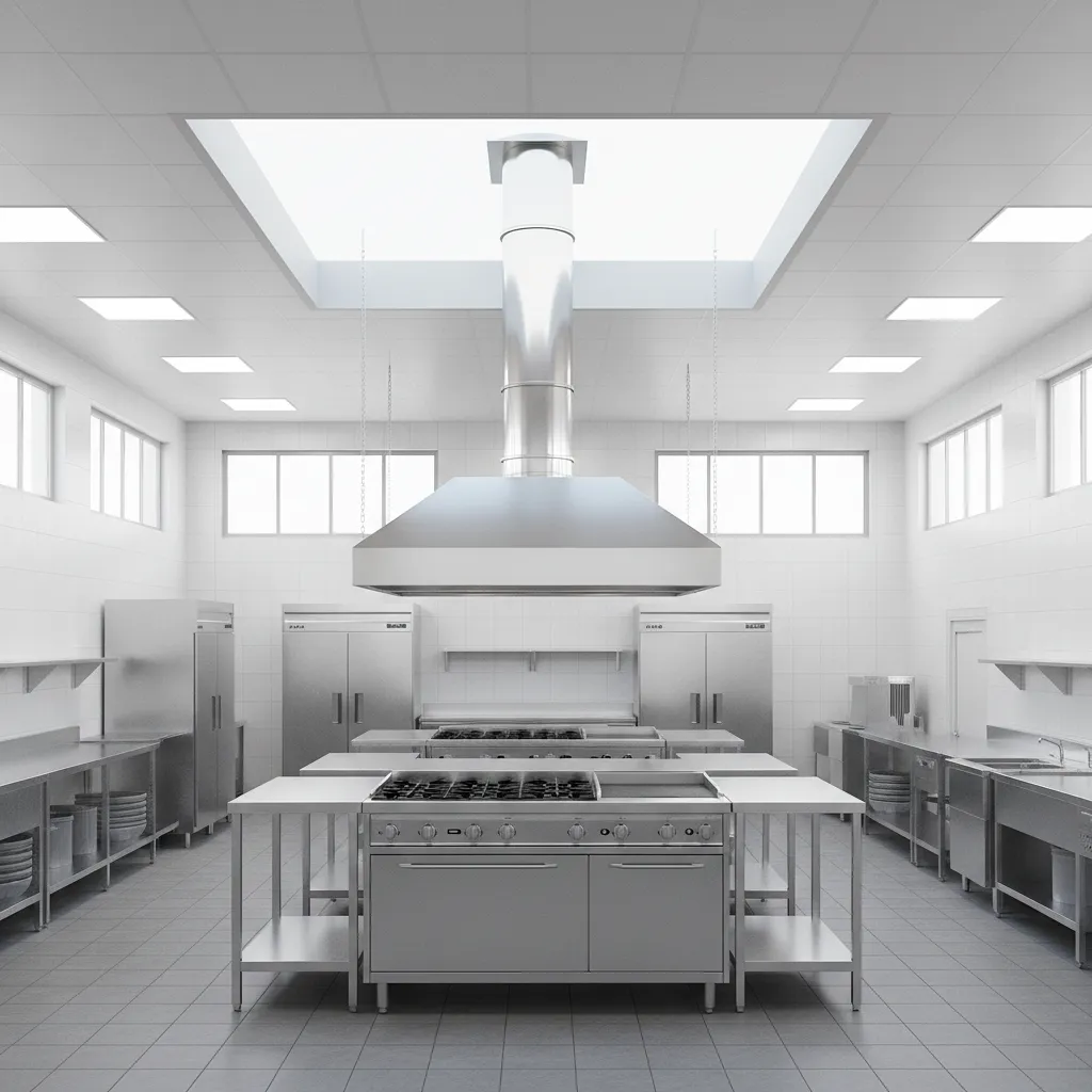 restaurant kitchen exhaust system connected to rooftop gooseneck vent