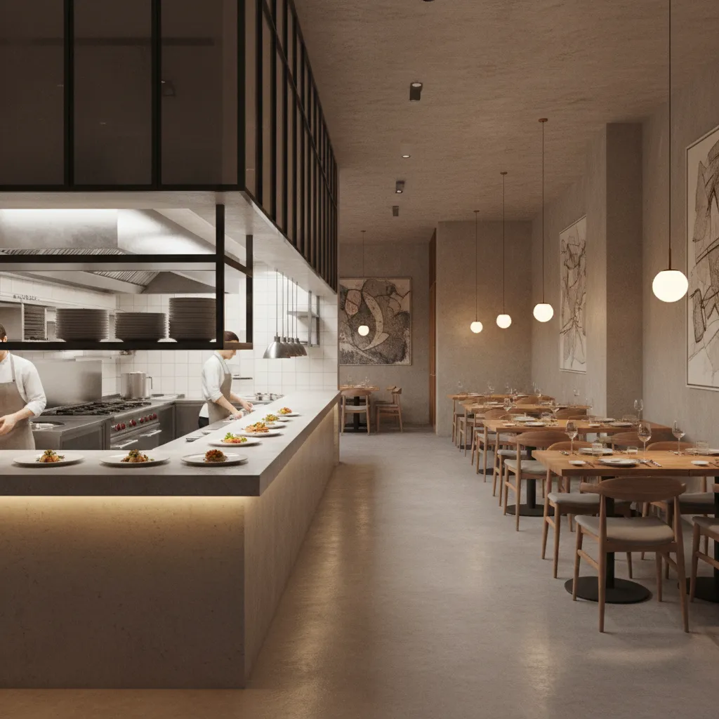 Restaurant kitchen pass connected to dining room with clear service path
