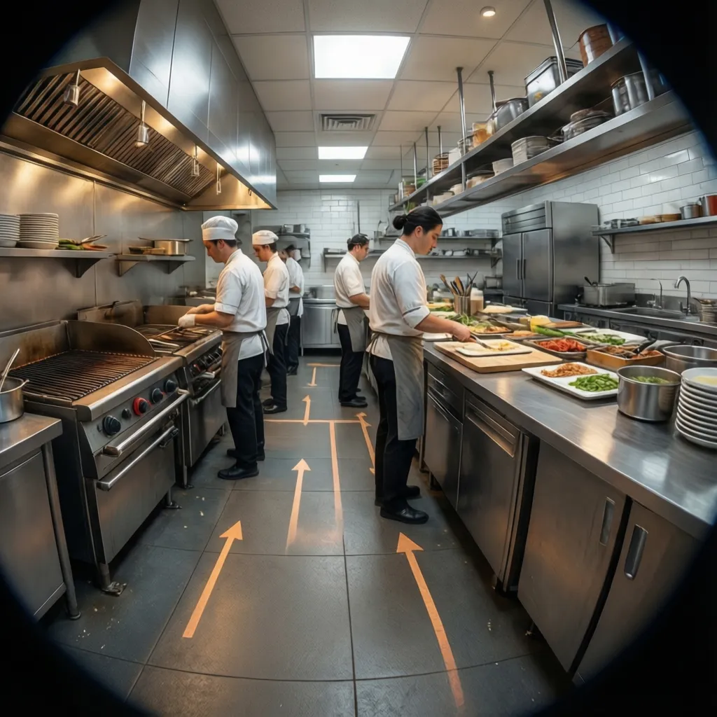 restaurant kitchen with staff movement paths illustrating workflow planning
