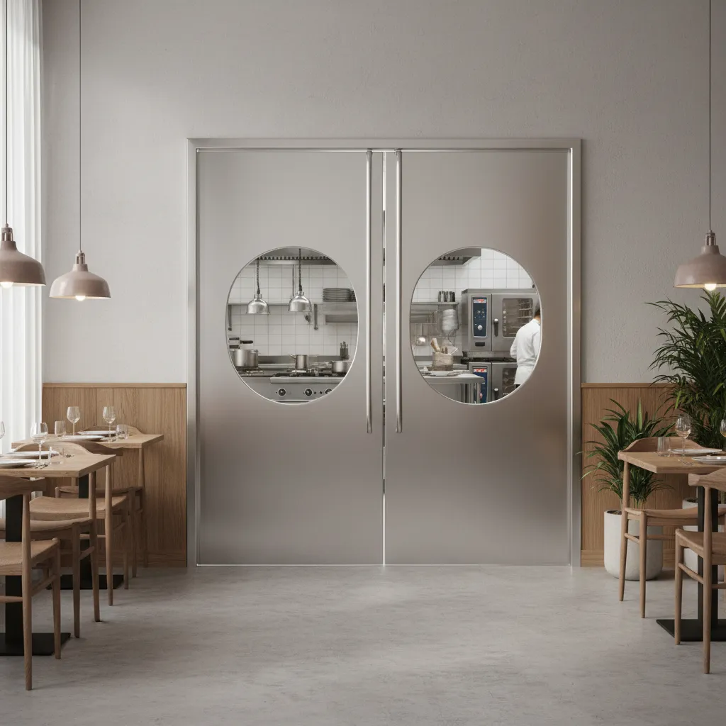 Double swing stainless steel door between restaurant kitchen and dining area
