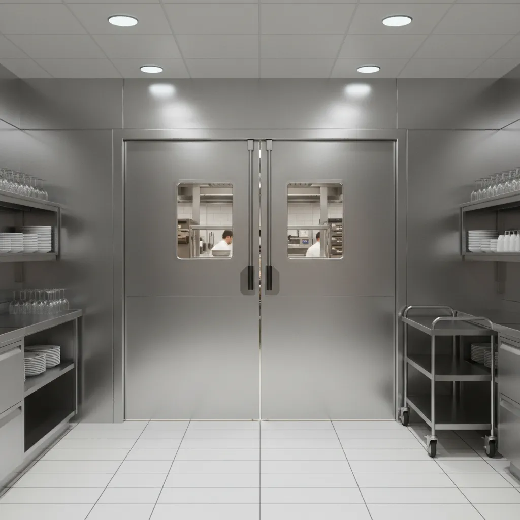 Restaurant kitchen swing door between cooking area and service corridor