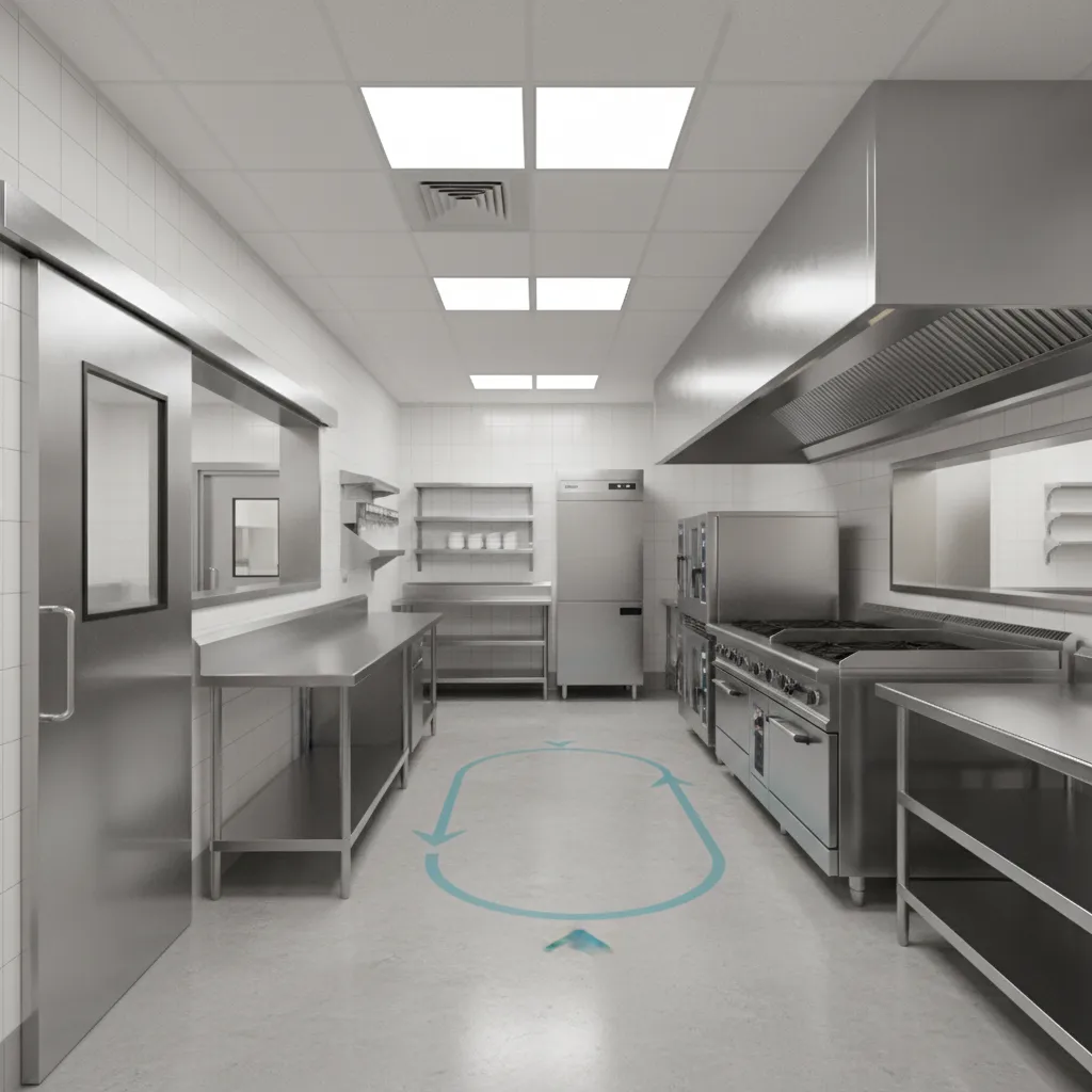 Small restaurant kitchen layout showing swing door near prep station