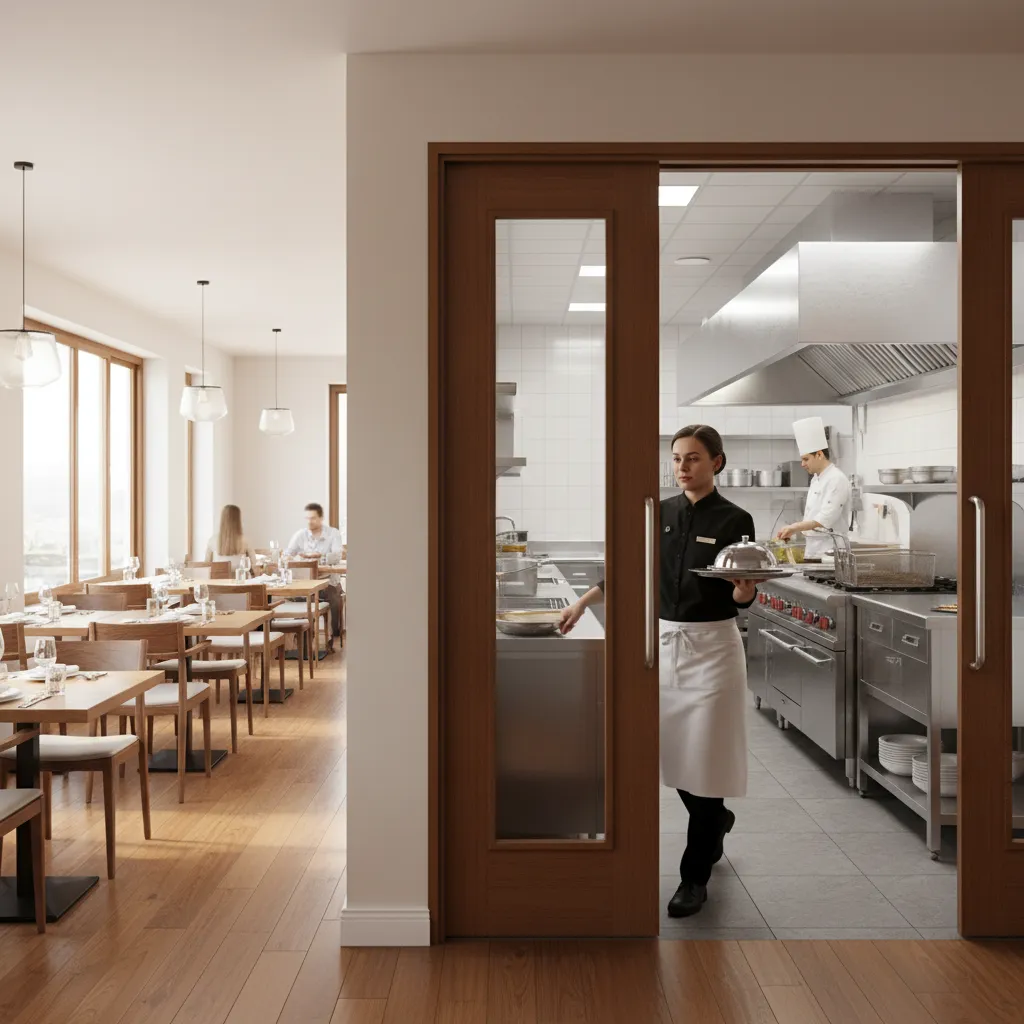 Restaurant kitchen swing door separating dining area and kitchen workspace