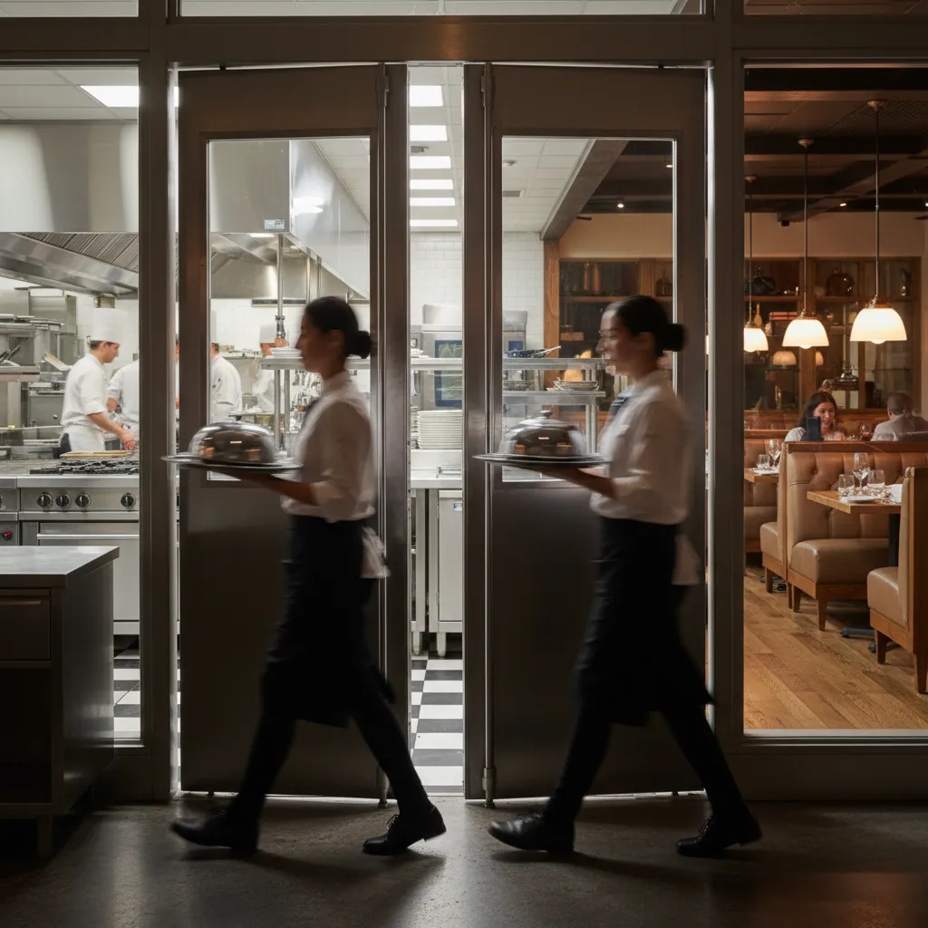 Restaurant staff passing through double swing kitchen doors during service