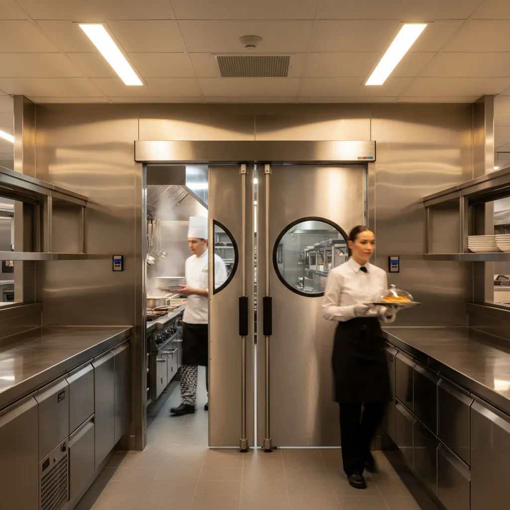 Restaurant staff passing through a commercial swing door in a busy kitchen corridor