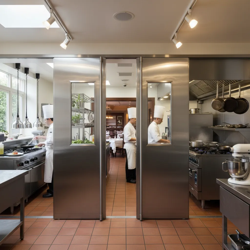 Busy restaurant kitchen with double swing doors connecting to dining area