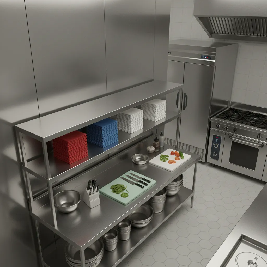 Color coded kitchen towels organized in a commercial restaurant kitchen