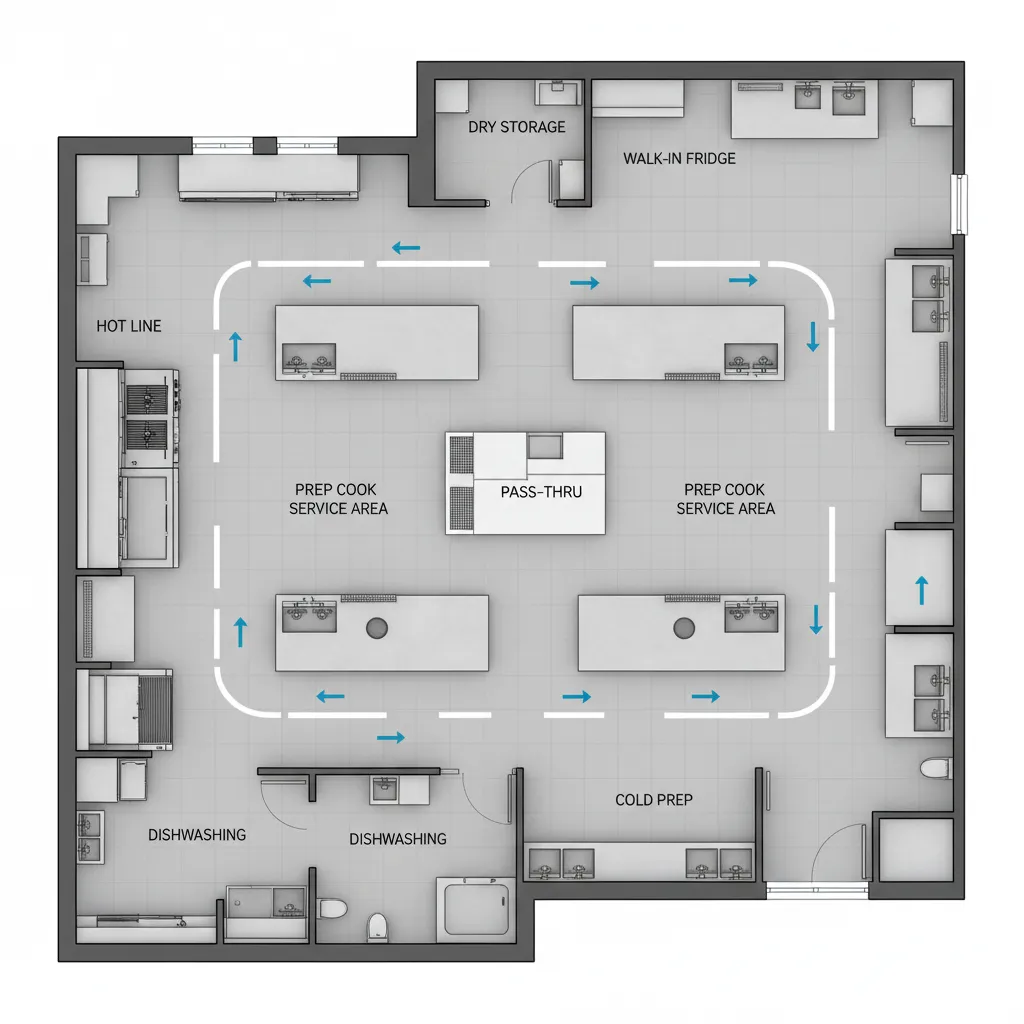 Restaurant kitchen traffic flow paths between prep cooking and service