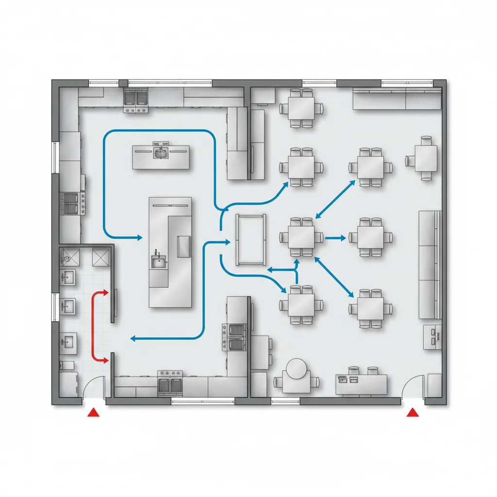 Restaurant kitchen layout diagram showing safe traffic flow around service doors