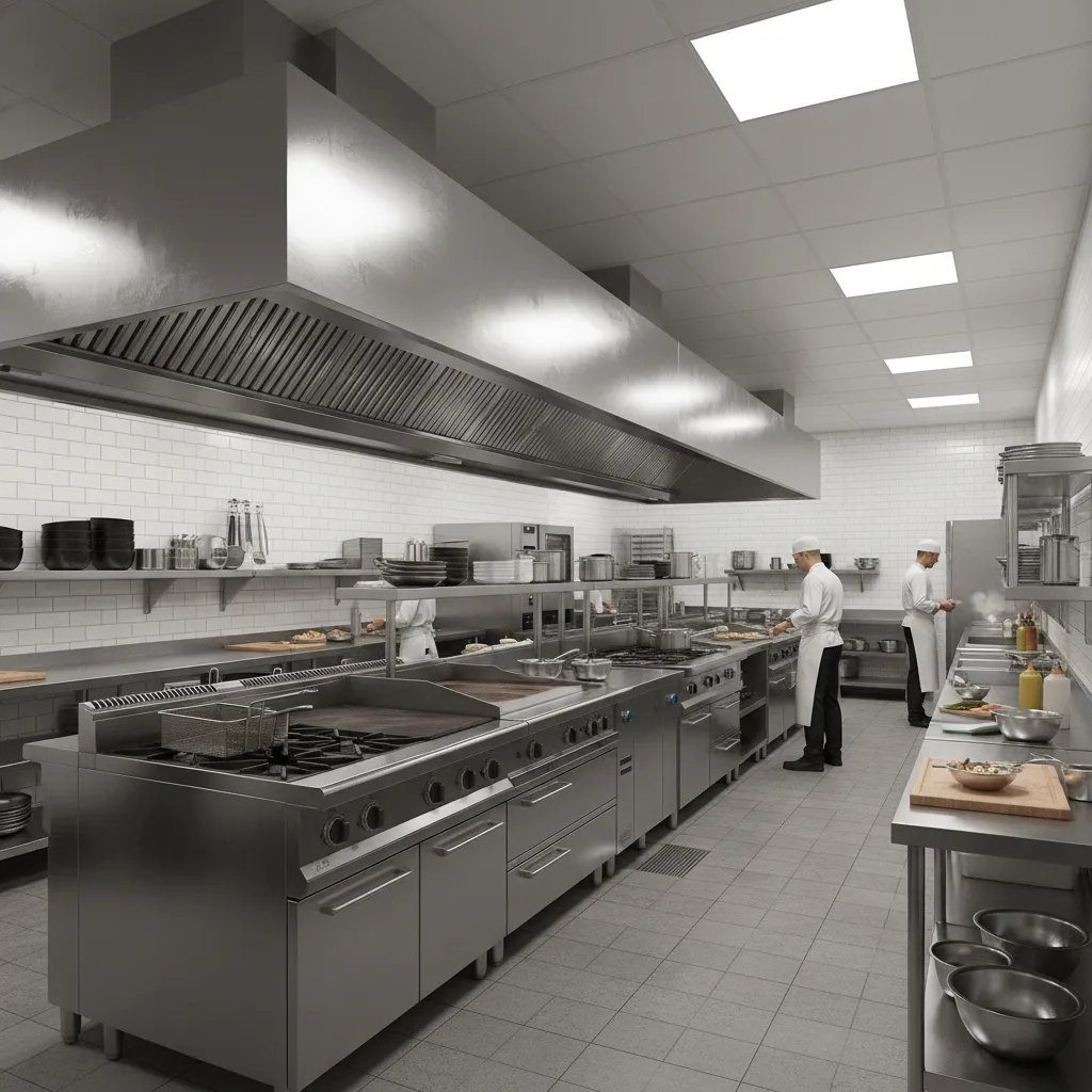 professional restaurant kitchen with large stainless steel exhaust hood system