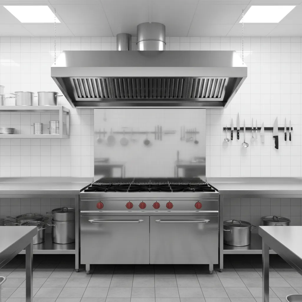 Commercial kitchen exhaust hood and ventilation system above cooking equipment