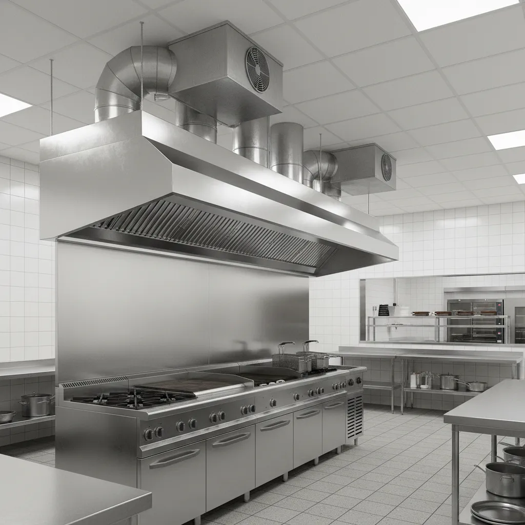 commercial kitchen exhaust hood and ventilation system above cooking range