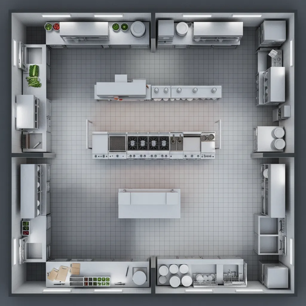 Restaurant kitchen layout showing prep cooking and washing zones