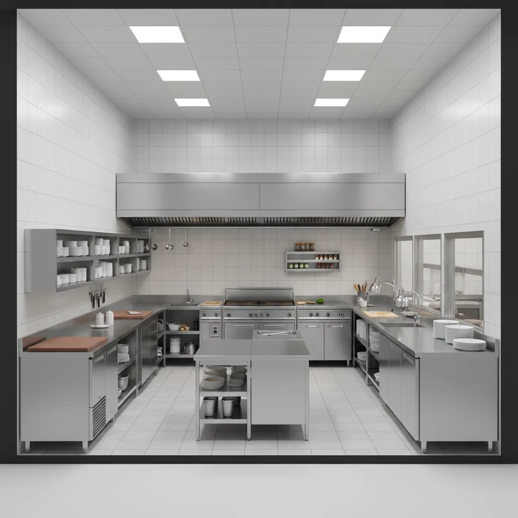 restaurant kitchen layout showing cooking and prep zones