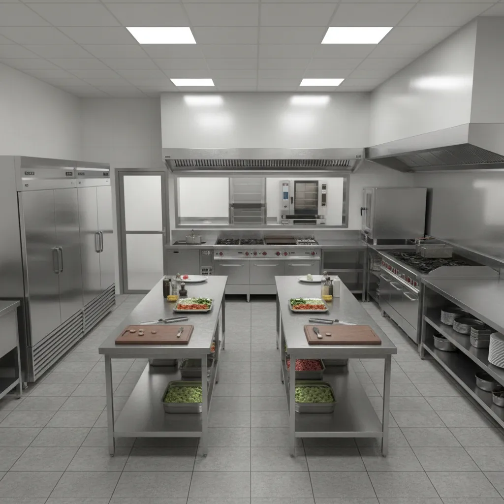 Restaurant kitchen workflow layout with prep and cooking zones