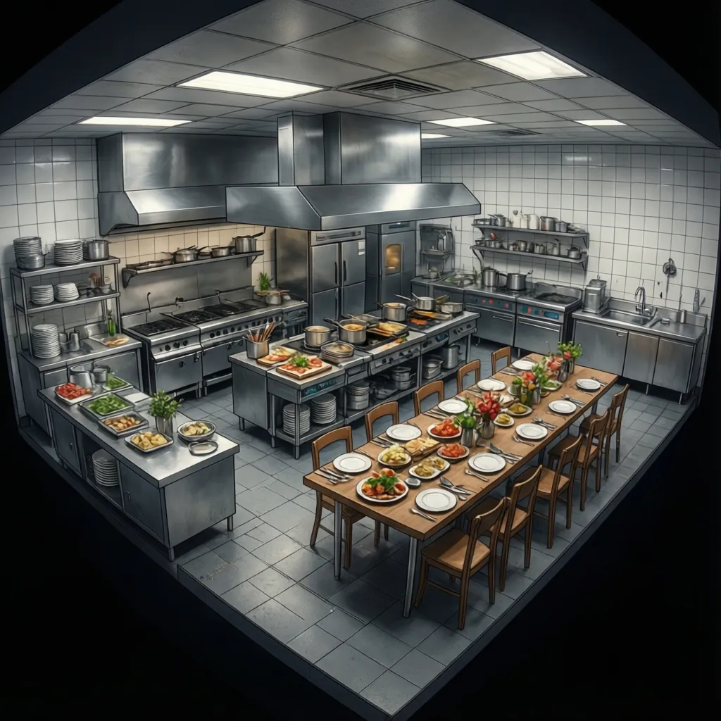 restaurant kitchen workflow layout showing prep cooking and dishwashing zones