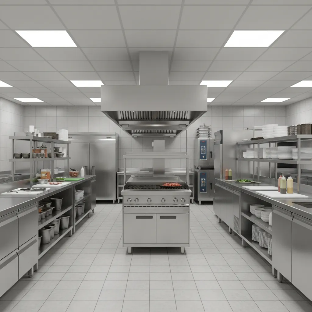 restaurant kitchen layout with clearly separated cooking and plating stations