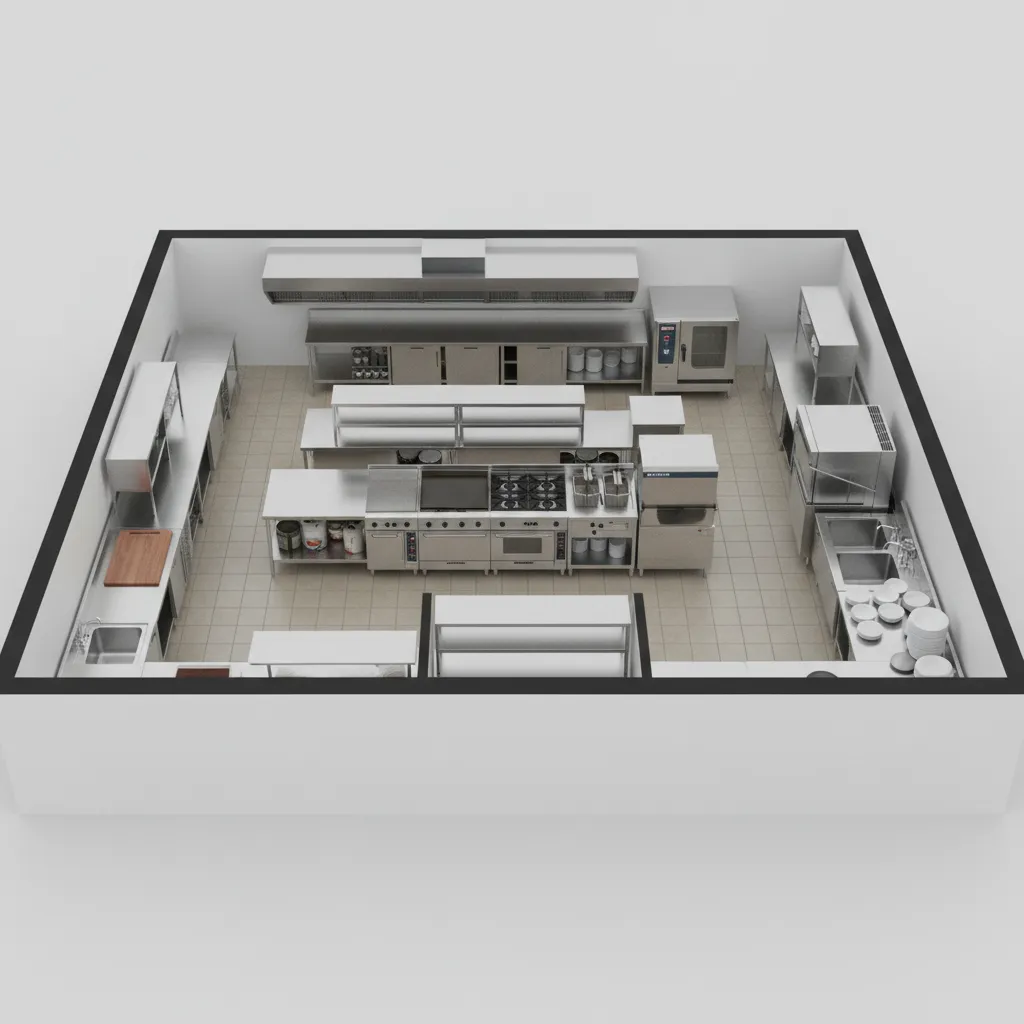 restaurant kitchen workflow zones showing prep cooking and dishwashing areas