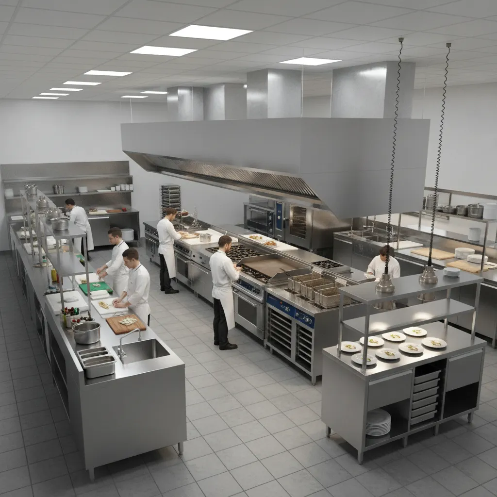 restaurant kitchen workflow zones from prep to cooking and plating