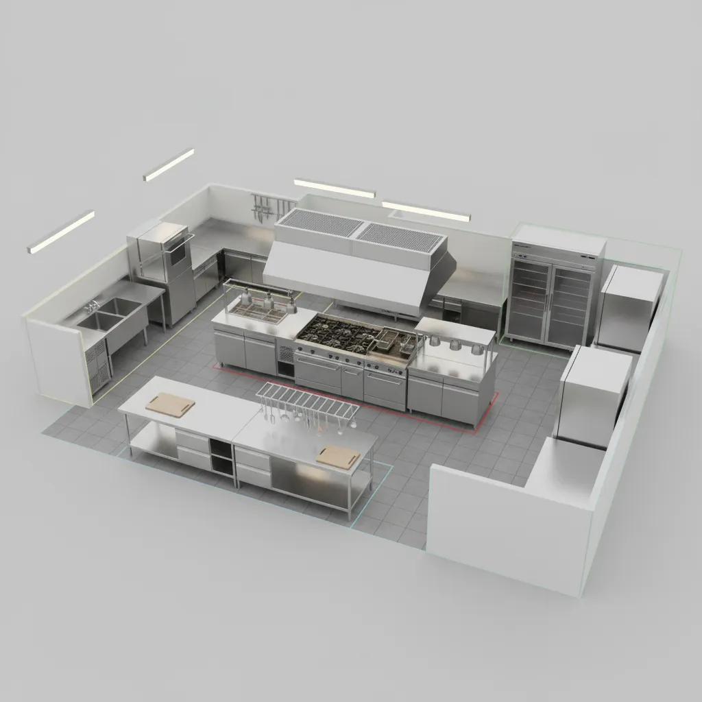 restaurant kitchen workflow zones with prep cooking and storage areas