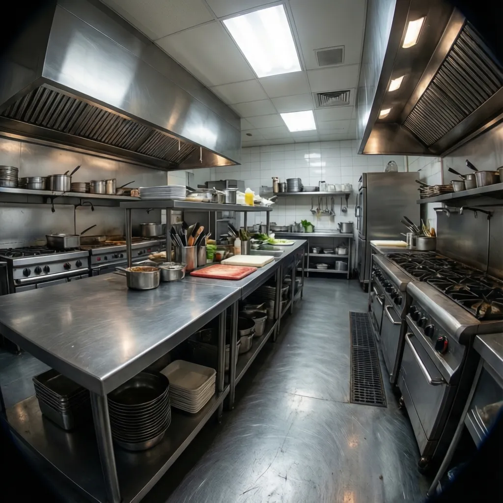 professional stainless steel restaurant kitchen workspace with cooking stations