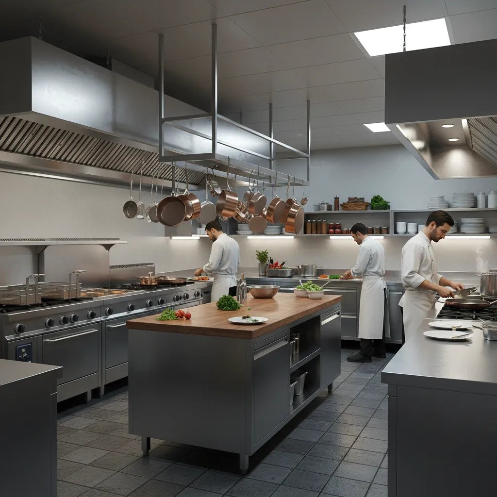 Professional restaurant kitchen with stainless steel workstations and cooking equipment